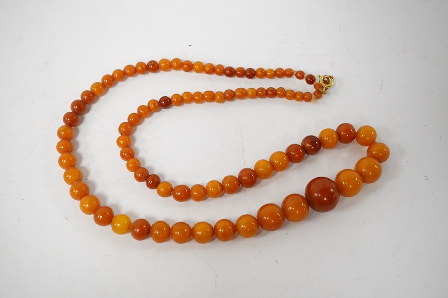 An amber bead necklace, composed of graduated amber beads measuring approximately 15.7-3.6mm, length 58cm, gross weight 23 grams. Condition: overall good, some minor crazing, some minor wear, commensurate with age